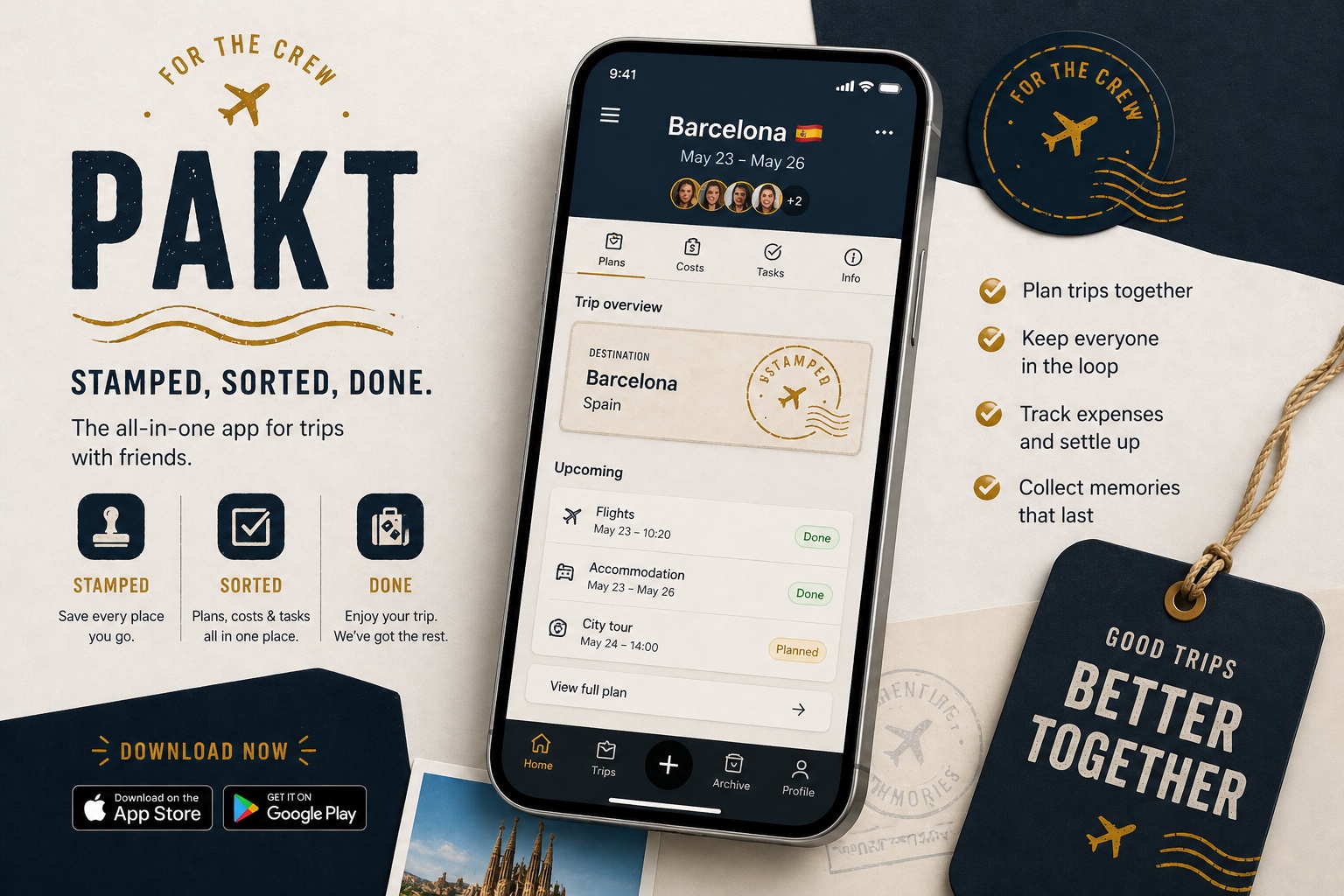 PAKT — For the crew. Stamped, sorted, done. The all-in-one app for trips with friends. Plan trips together, keep everyone in the loop, track expenses and settle up, collect memories that last.
