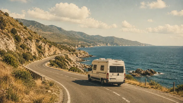 Camper op een kustweg